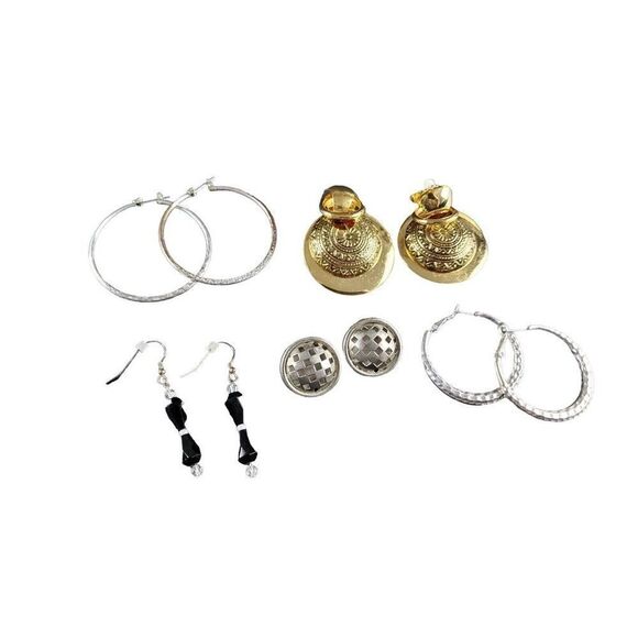 VINTAGE Jewelry- Gold Silver Tone Round Hoop, Black Dangle Earrings Lot of 5! - Picture 1 of 10